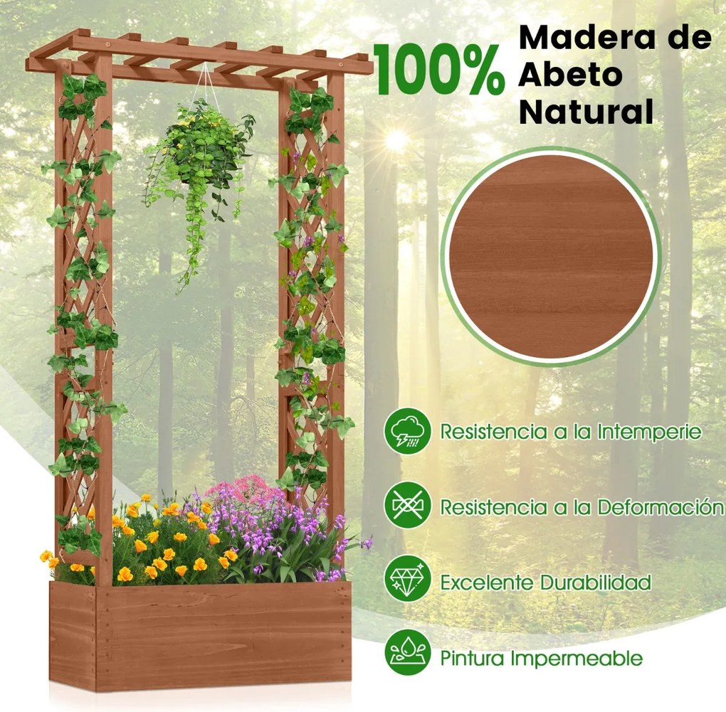 Floreira elevada em madeira de abeto com treliça 78 x 36 x 152 cm, tampa suspensa, 2 orifícios de drenagem e 2 painéis para jardim, terraço ou pátio c