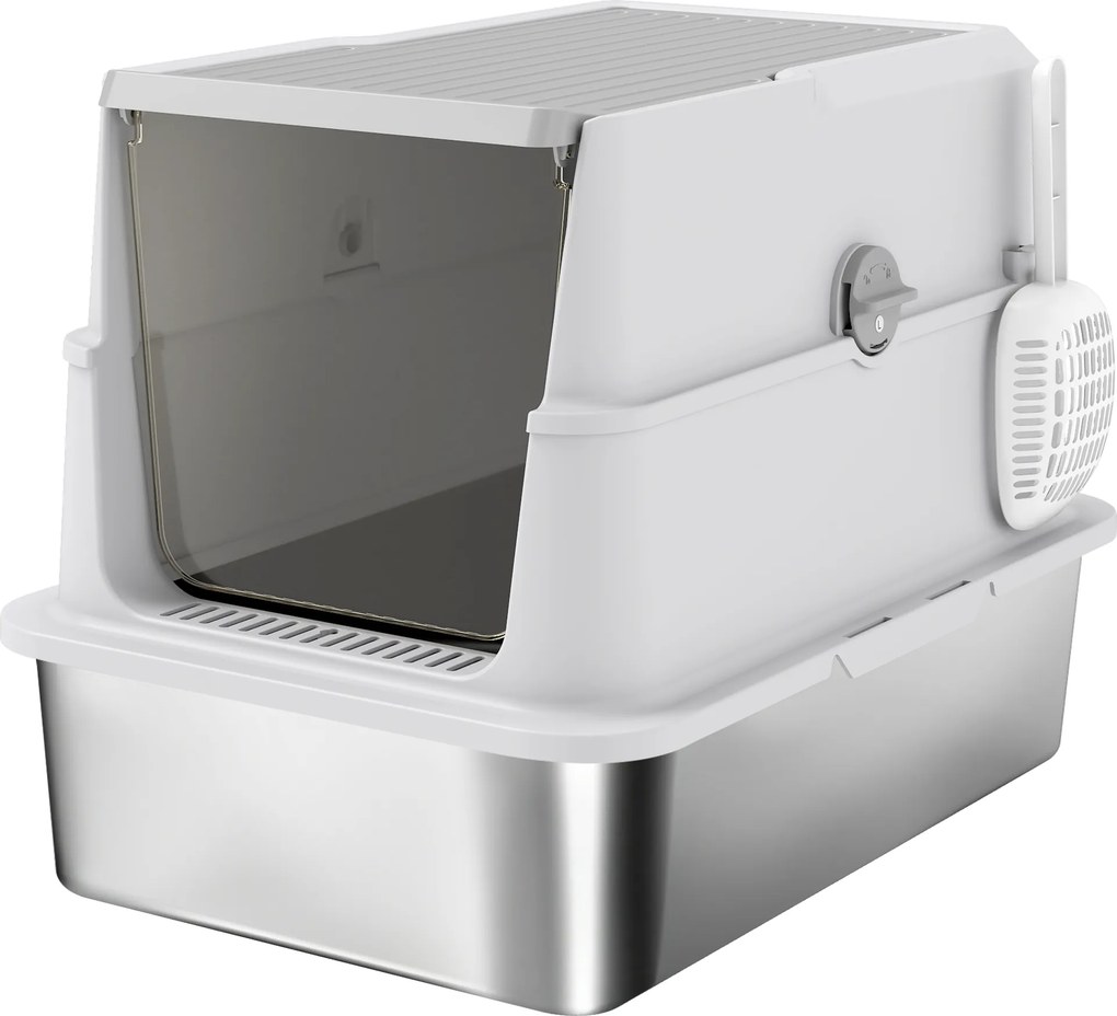 PawHut Caixa de Areia para Gatos Grandes em Aço Inox com Tampa Rebatível, Pá e Desodorizante, Cinza Claro | Aosom Portugal