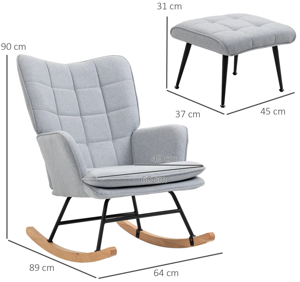 Poltrona Baloiço com Apoio para os Pés Poltrona Relax com Almofada Acolchoada e Anti-Tombo 64x89x90 cm Cinzento