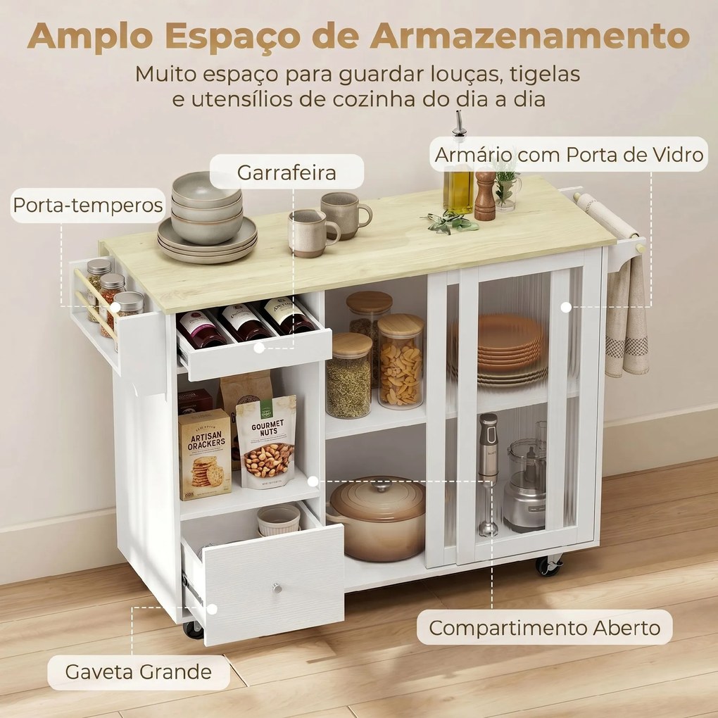 Ilha de Cozinha 132,2x74,7x90 cm com Tampo Rebatível Rodas Garrafeira e Portas de Correr em Vidro branco e cor carvalho