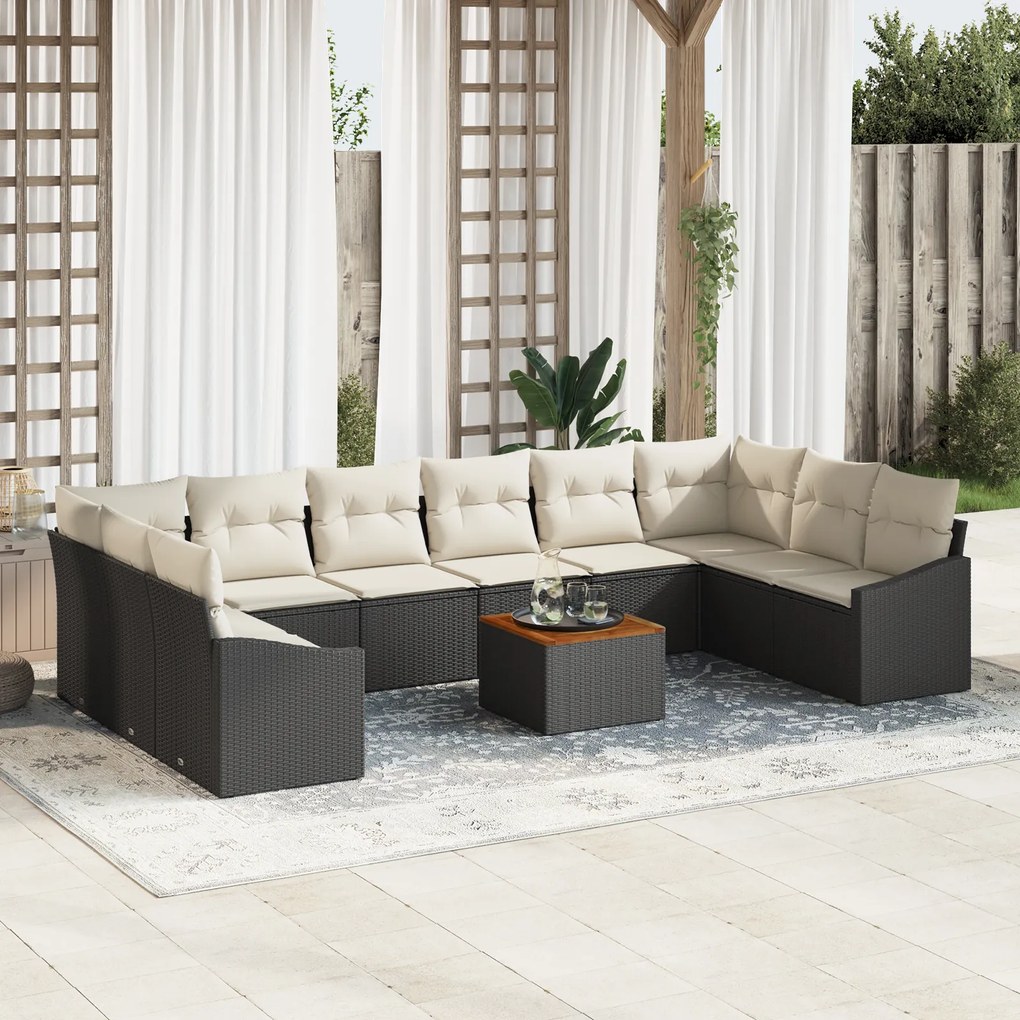vidaXL Conjunto de Sofá de Jardim de 11 peças com Almofadas Preto Rattan Poliéster