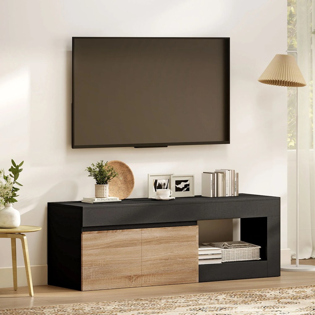 Móvel de TV 140 x 40 x 48 cm com 2 portas para televisores até 60 polegadas, com armário e prateleira aberta, preto