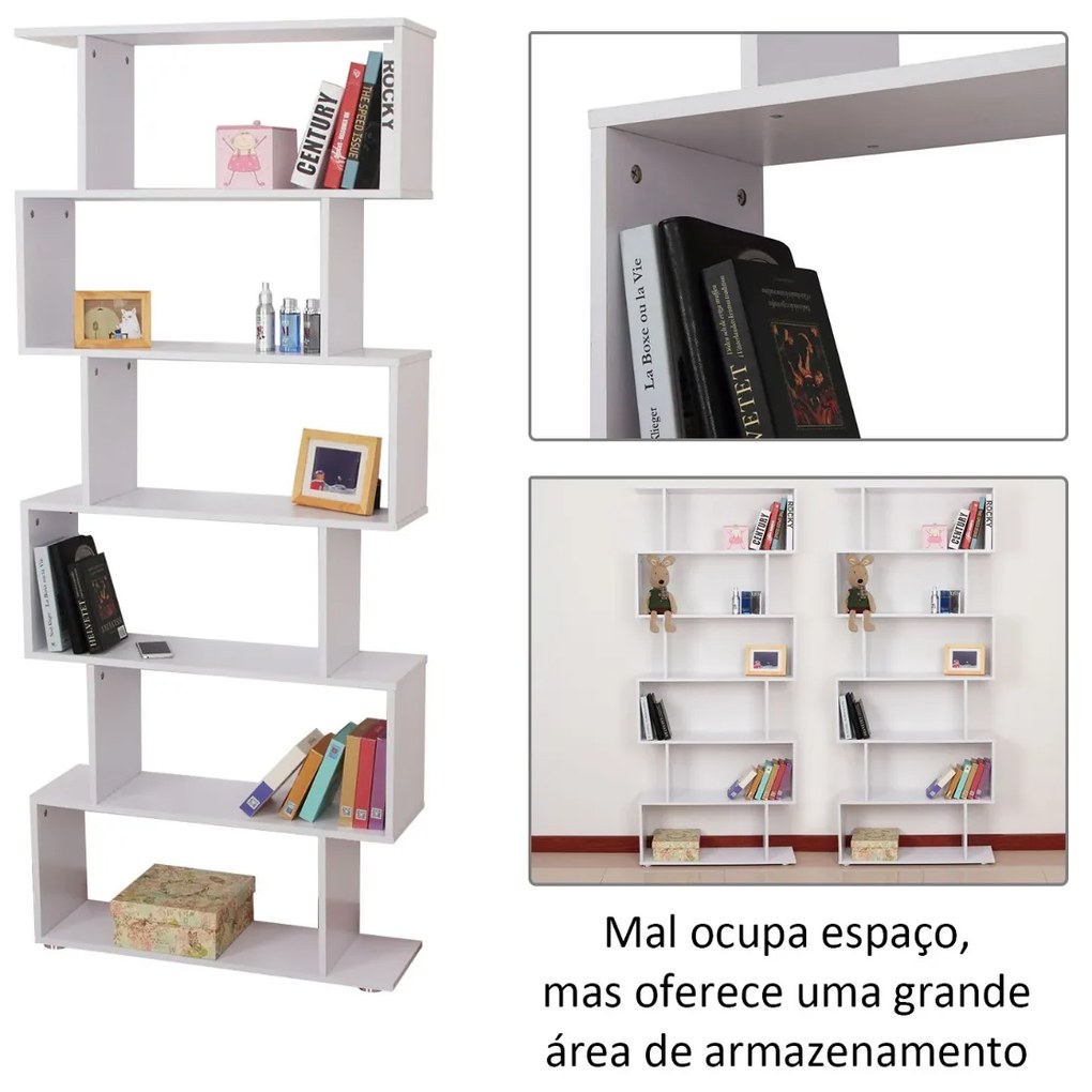 Estante Moderna em forma de S tipo Biblioteca de 6 Prateleiras- Madeira– Cor: Branco- 80 x 25 x 192 cm