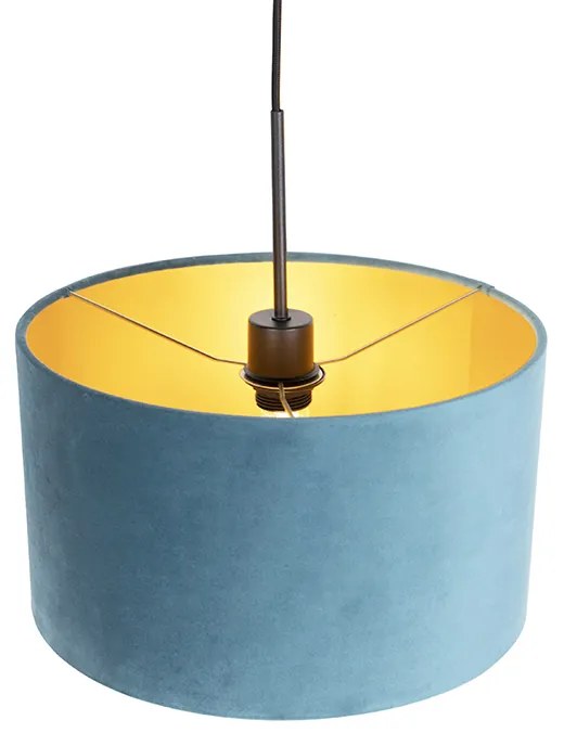 Candeeiro de suspensão com abajur de veludo azul com dourado 35 cm - Combi Clássico / Antigo