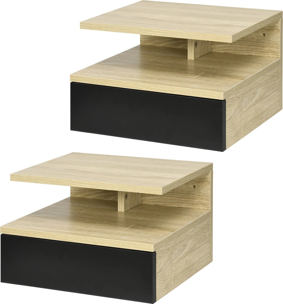 Conjunto de 2 mesas de cabeceira de parede com gaveta deslizante 35 x 32 x 22,5 cm, compartimento aberto, tabuleiro - Preto e cor Carvalho
