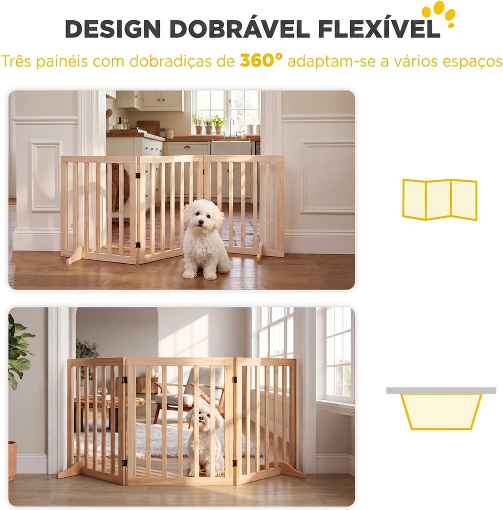 Barreira de Segurança Dobrável para Cães em Madeira, 3 Painéis, para Escadas e Portas, com 2 Pés de Apoio, 150x61 cm, Natural