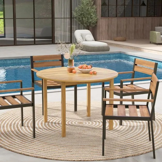 Mesa de jantar jardim redonda em madeira de acácia para 4 pessoas com orifício para guarda-sol para terraço 110 x 75 cm Natural