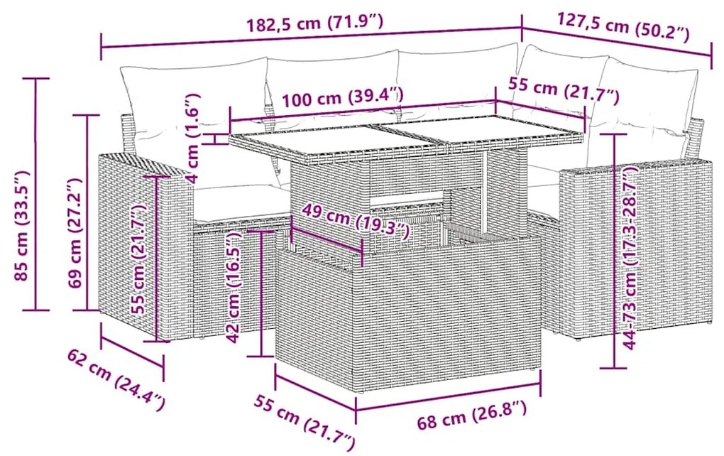 5 pcs conjunto sofás de jardim com almofadões vime PE preto