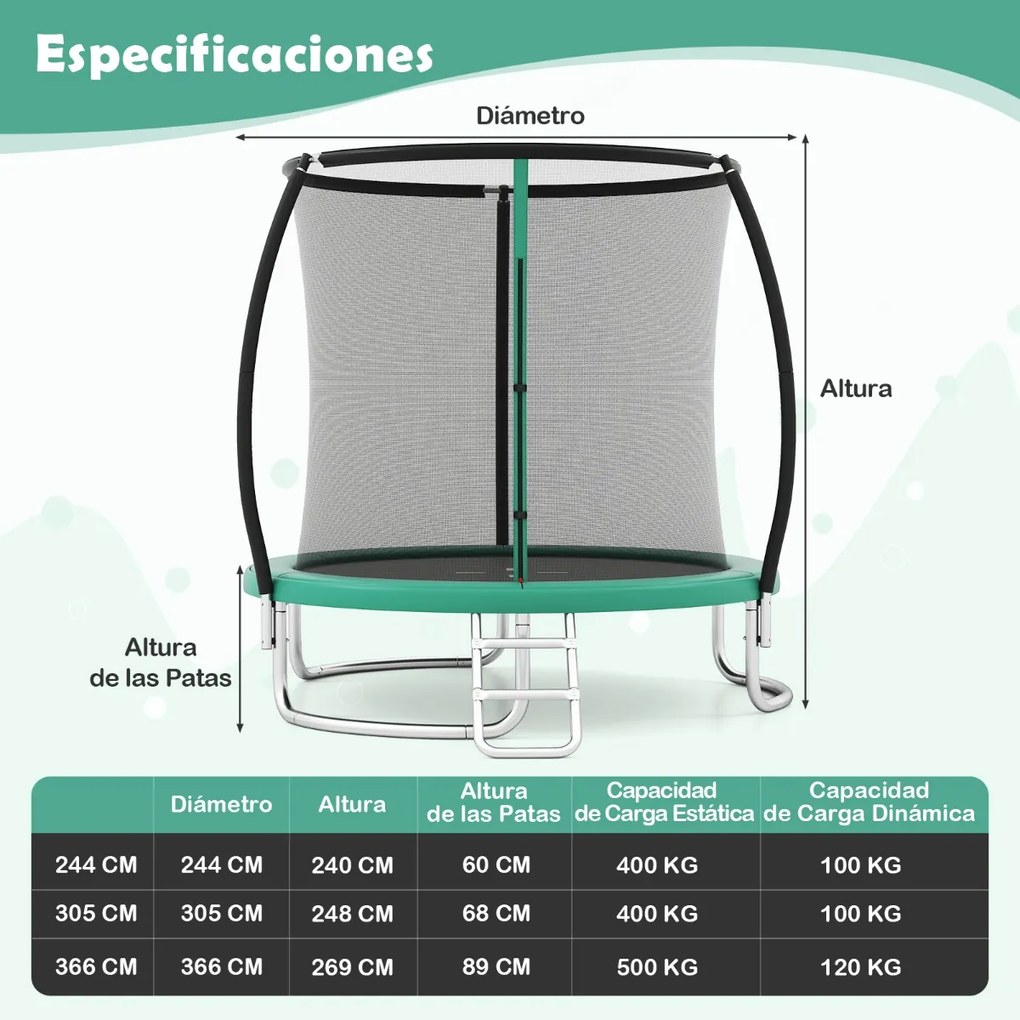 Trampolim exterior 366 cm com rede de segurança, escada e pernas curvas robustas para crianças Verde