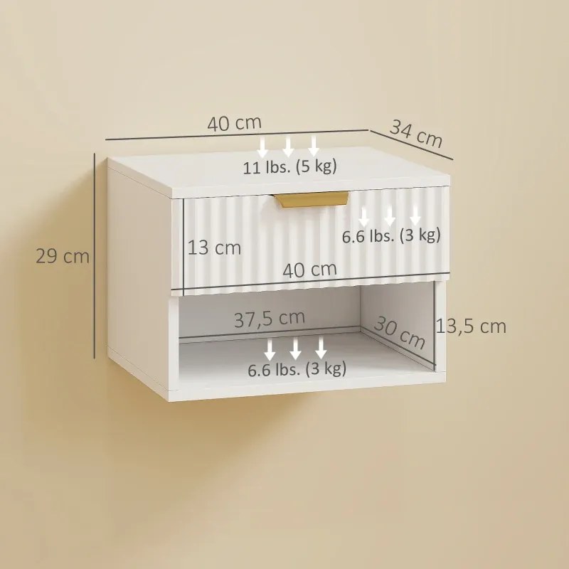 Conjunto de 2 Mesas de Cabeceira Flutuantes Estreitas com Gaveta 40x34x29 cm com Frente Canelada e Prateleira Aberta Branco