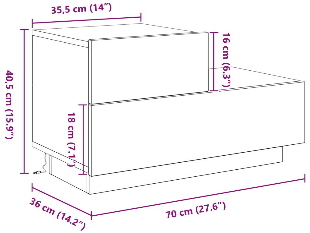 Mesa de Cabeceira vidaXL com Luzes LED Carvalho Artesanal 100x36x49 cm