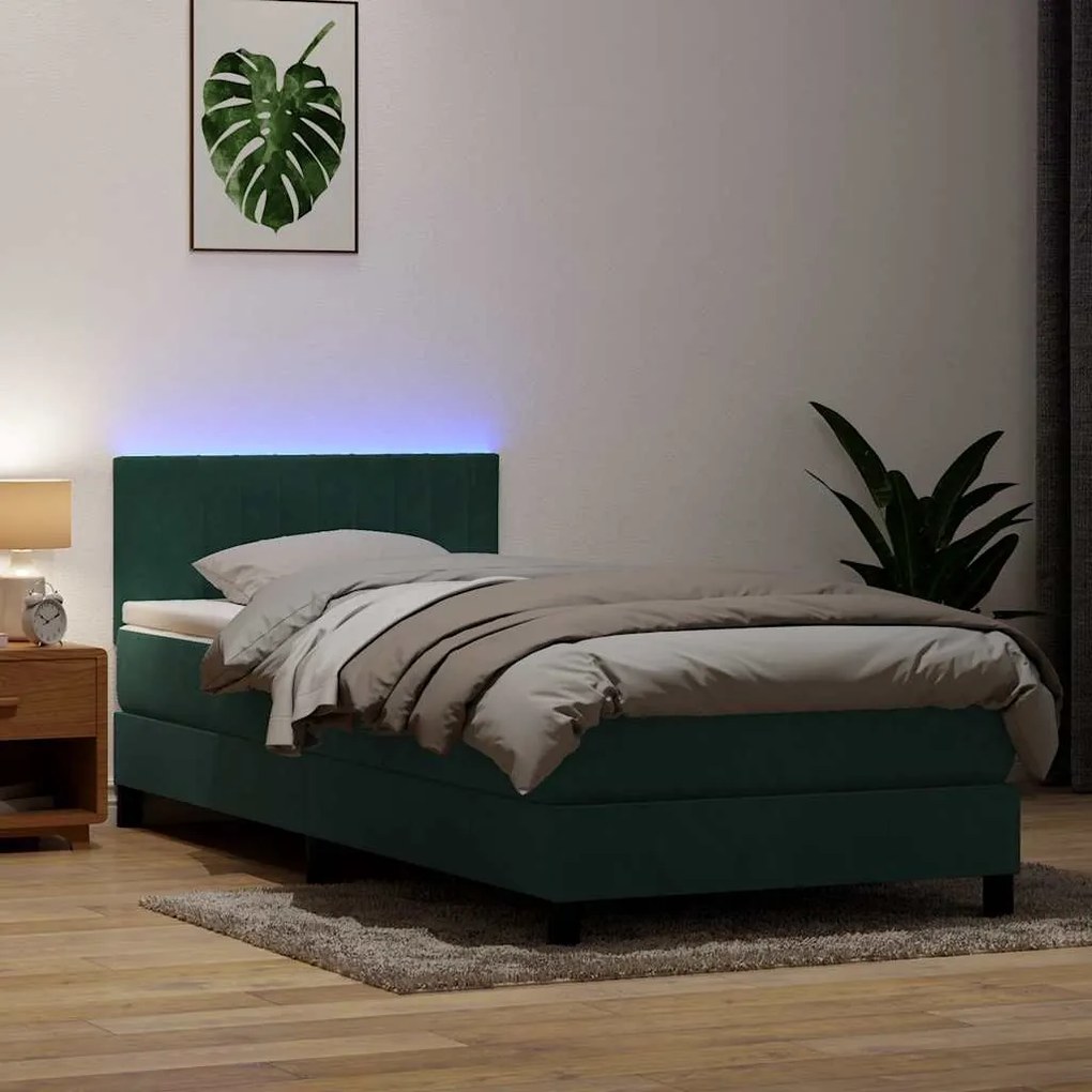vidaXL Cama box spring c/ colchão e LED verde-escuro 80x210 cm veludo