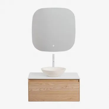 Conjunto De Móvel De Casa De Banho Suspenso 80x50 Cm Em Madeira De Freixo Tedrik Castanho Fresno & Cimento Redondo Branco Ø40 Cm Zavion - Sklum