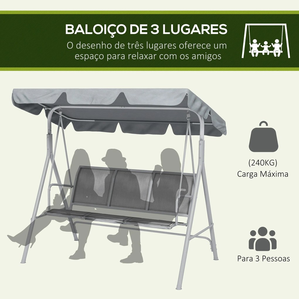 Outsunny Baloiço Jardim de 3 Lugares com Toldo Ajustável Encosto Respi