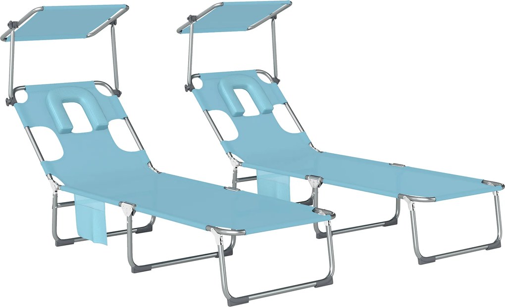 Outsunny Conjunto de 2 Espreguiçadeiras Dobráveis com Dossel 360° Encosto 5 Posições Orifício Facial 188x56x27 cm Azul Claro | Aosom Portugal