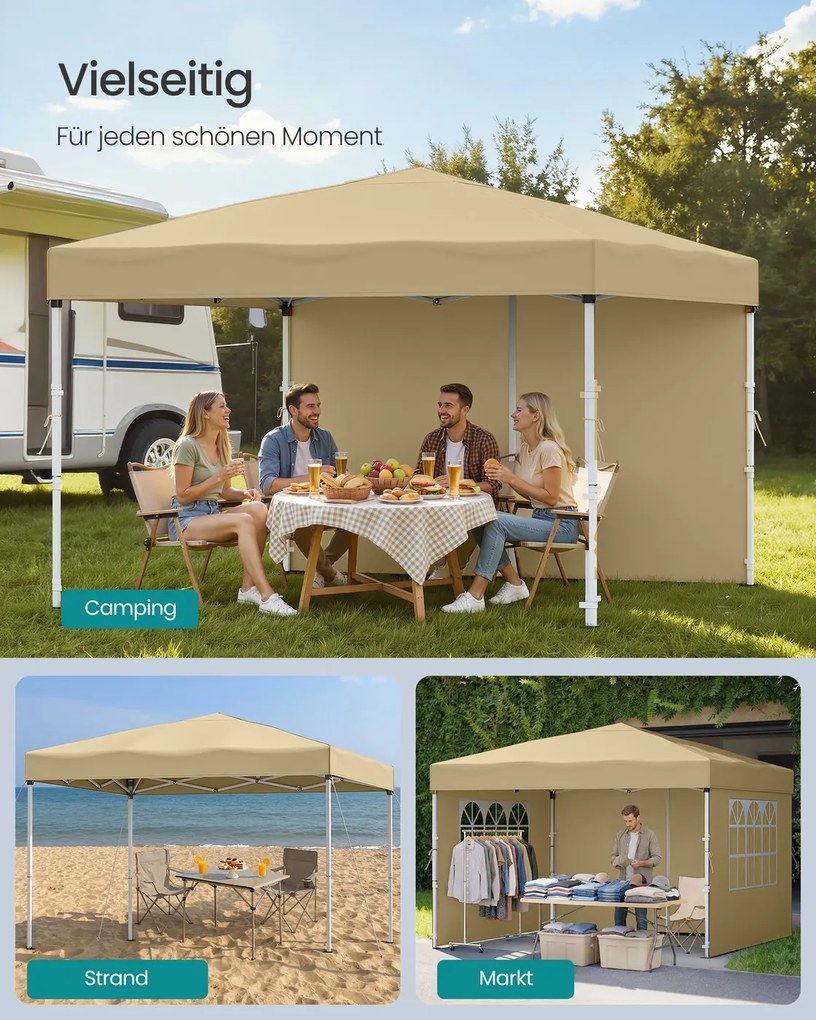 Tenda dobrável de 3 x 3 m para jardim e festas, com 4 paredes laterais, cor bege