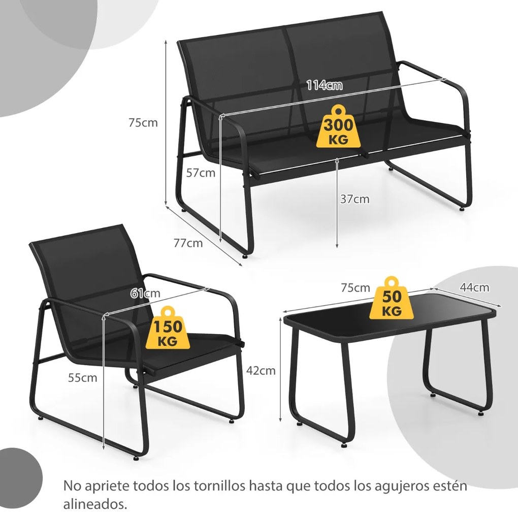 Conjunto Jardim de 4 peças com mesa de centro em vidro temperado Tecido respirável Estrutura em metal inoxidável Preto