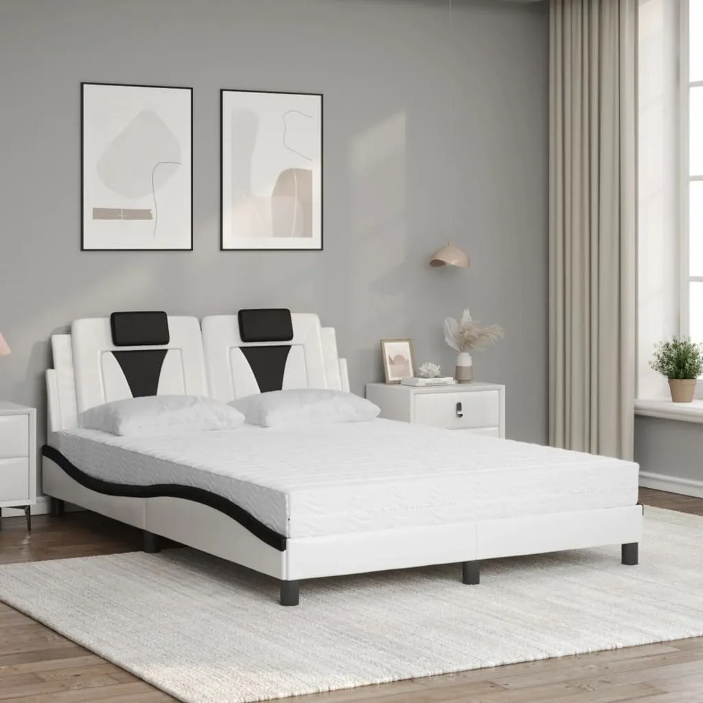 Cama com colchão 140x190 cm couro artificial preto e branco