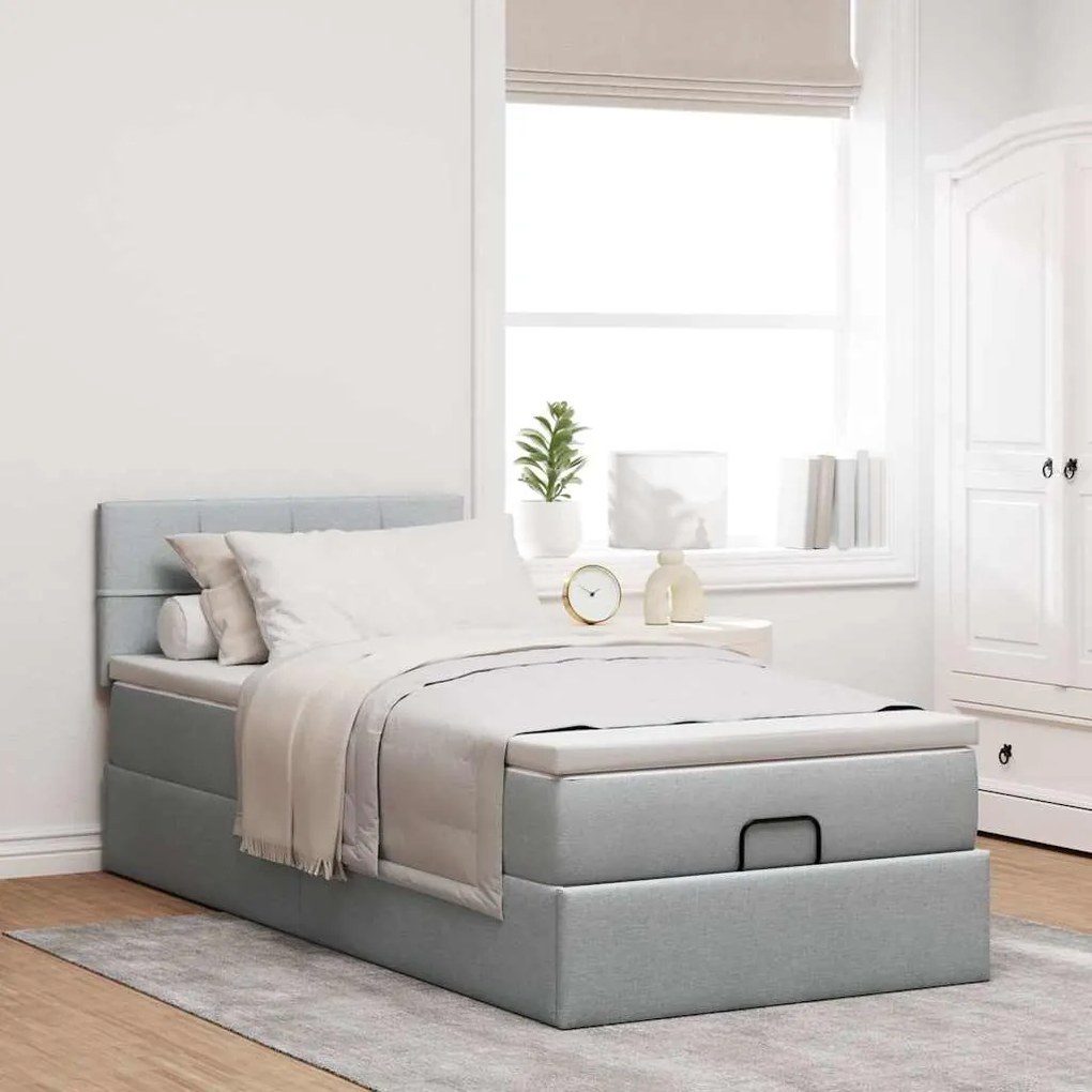 Cama Otomana com colchão & LEDs 90x200 cm tecido cinzento claro