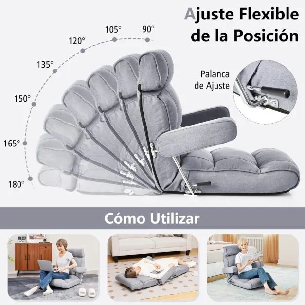 Sofá chão dobrável com encosto ajustável em 6 posições Encosto de cabeça/descanso lombar Cinzento