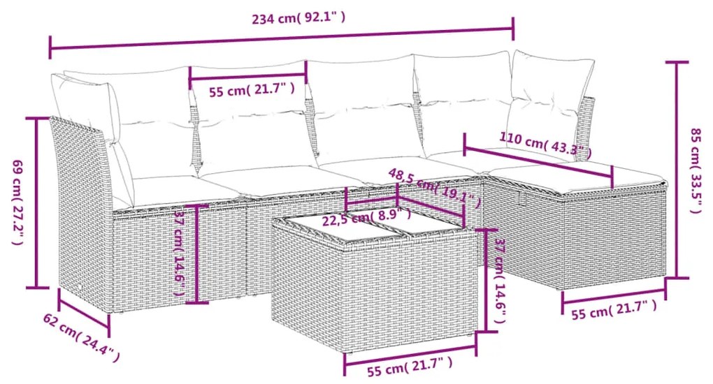 6 pcs conjunto de sofás jardim c/ almofadões vime PE castanho