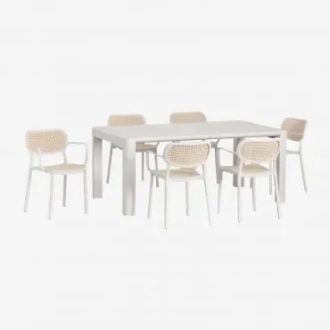 Conjunto De Mesa Retangular 180x100 Cm Arnadine E 6 Cadeiras De Jardim Empilháveis Com Apoios De Braços Em Polipropileno Omara Branco Glacial - Sklum