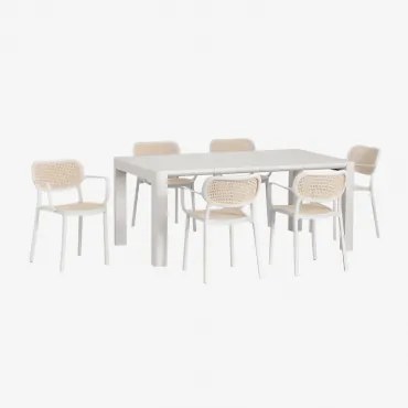 Conjunto De Mesa Retangular Arnadine (180x100 Cm) E 6 Cadeiras De Jardim Empilháveis Com Braços Omara Gardénia Branco - Sklum