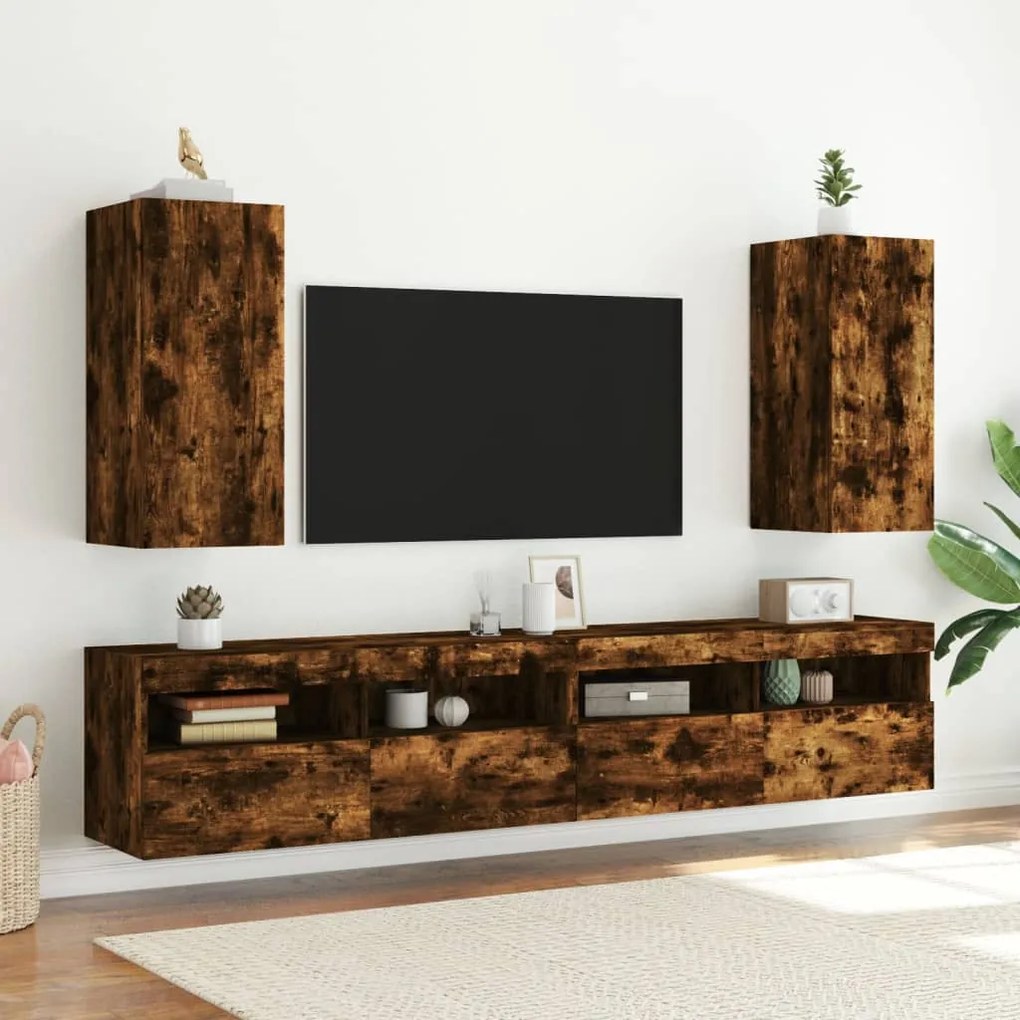 Móvel de parede p/ TV c/ luzes LED 30,5x35x70cm carvalho fumado