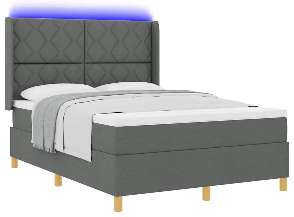 Cama Box com Colchão &amp; LED Cinza Escuro 140x200 cm Tecido