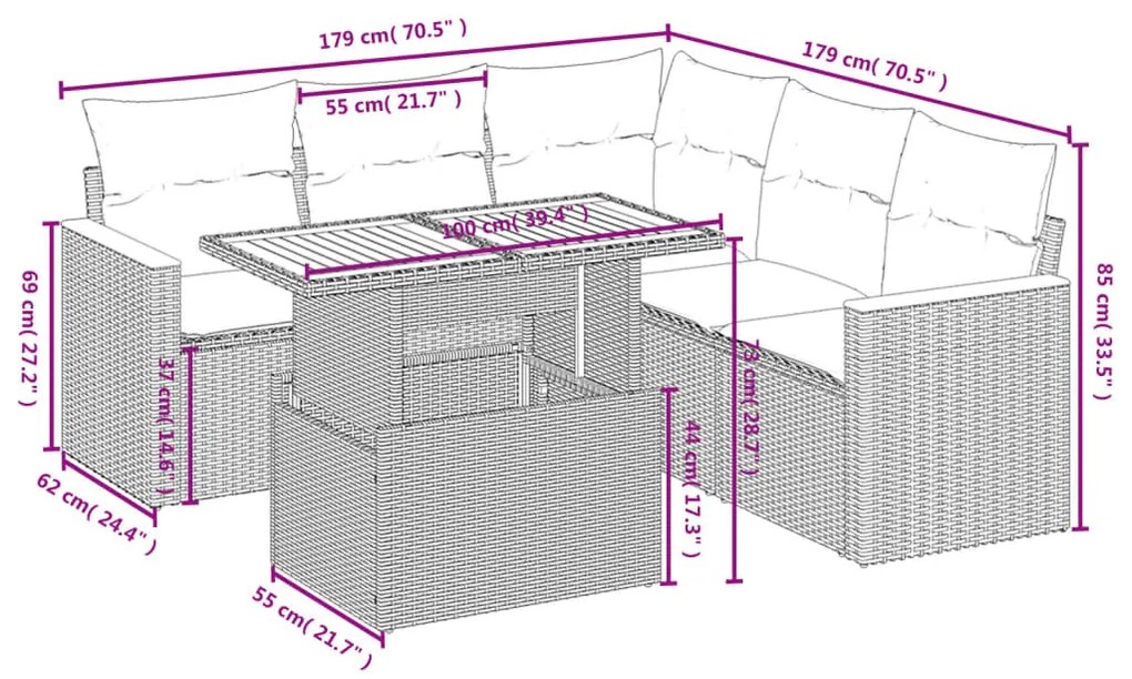 6 pcs conjunto de sofás p/ jardim com almofadões vime PE bege