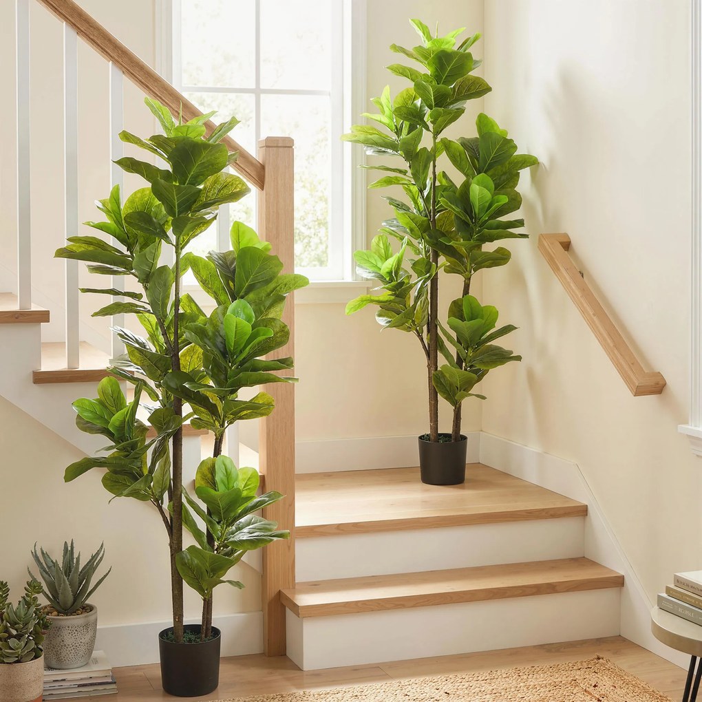 Conjunto de 2 plantas artificiais de interior com 150 cm, planta artificial de figueira-lira com vaso de cimento, verde