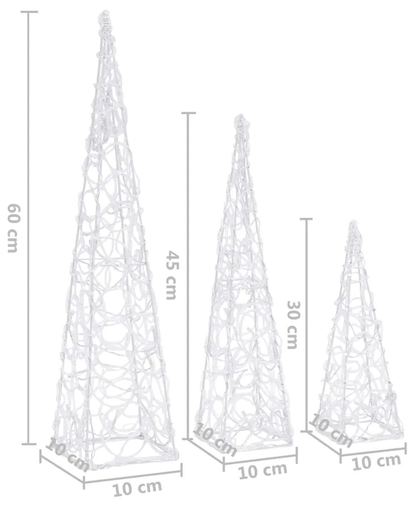 Conj. cones decorativos c/ LEDs branco frio acrílico 30/45/60cm