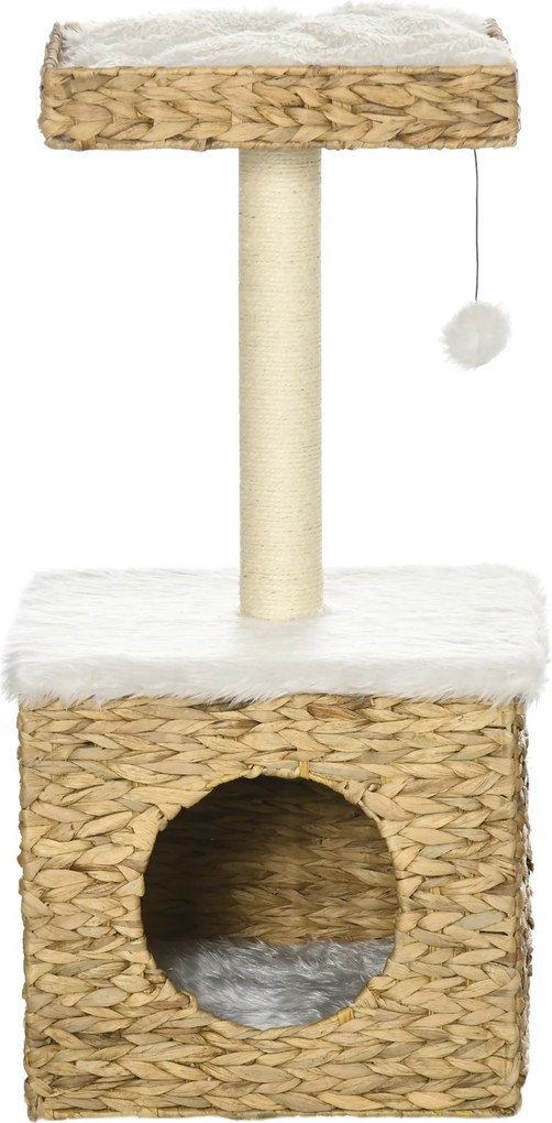 Arranhador para gatos de 2 níveis com 1 nicho, 1 poste de sisal, 1 plataforma de observação e 1 pompom suspenso