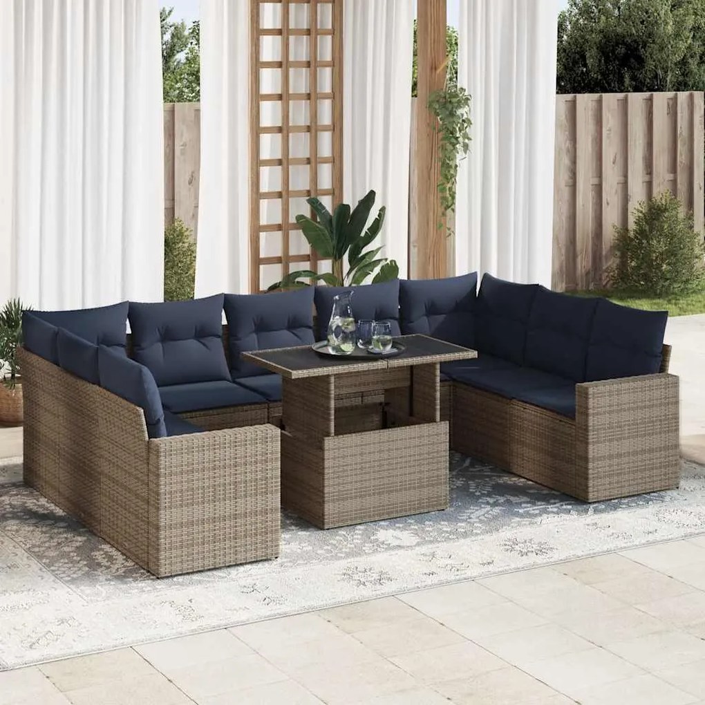 10 pcs conjunto sofás jardim almofadões vime PE/acácia cinzento