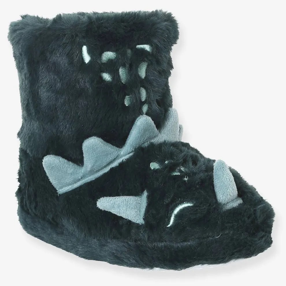 Pantufas dinossauros de cano subido em imitação pelo, para criança verde