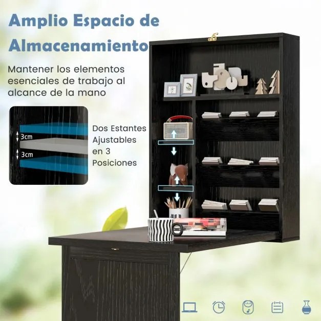Secretária parede dobrável conversível com divisória de 3 níveis e prateleiras ajustáveis, Economiza espaço 60 x 94,5 x 151 cm Preto
