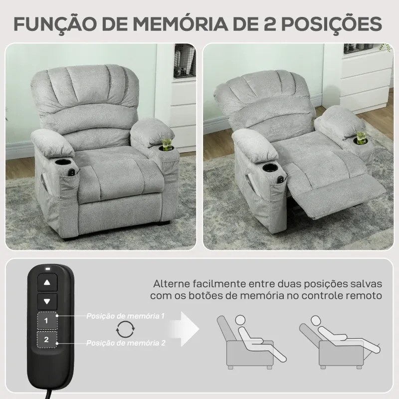 Poltrona Relax Reclinável Elétrica com Função Memória Apoia-Pés Controlo Remoto Bolsos Laterais Porta USB Porta-Copos Cinza