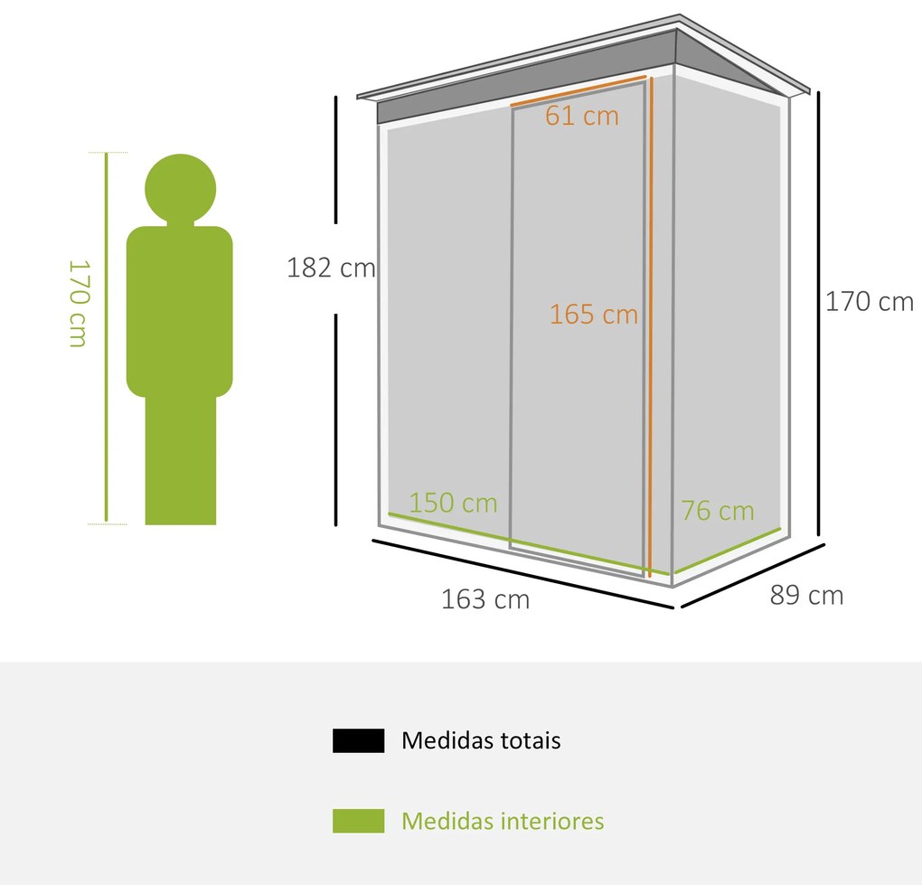 Abrigo de Jardim Exterior 1,5 m² 163x89x182 cm Abrigo Metálico para Ferramentas com Porta de Correr e Teto Inclinado Preto