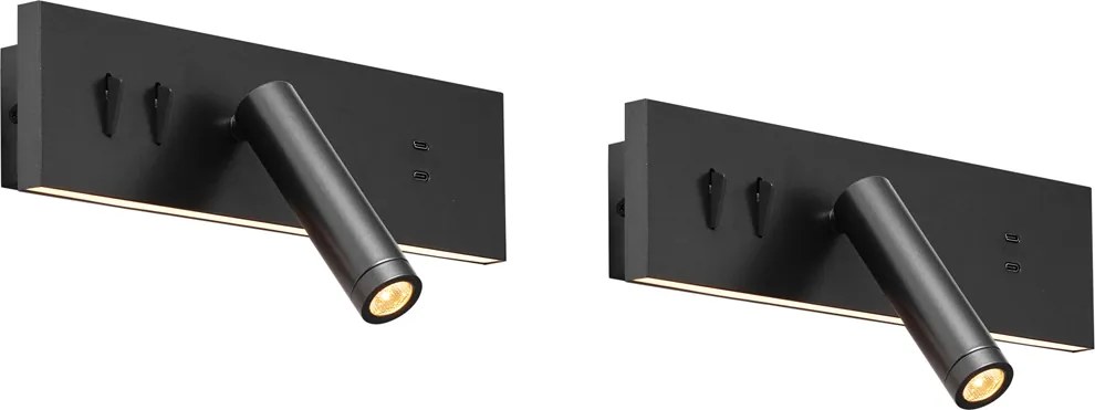 Conjunto de 2 candeeiros de parede modernos pretos ajustáveis com USB-C incl. LED - Modric