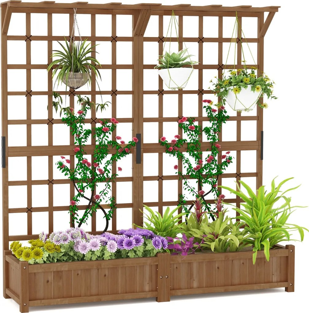 Floreira de jardim elevada em madeira 180 x 48 x 183 cm, com treliça, teto suspenso, 2 caixas, tabuleiro removível, plantas trepadeiras, flores, café