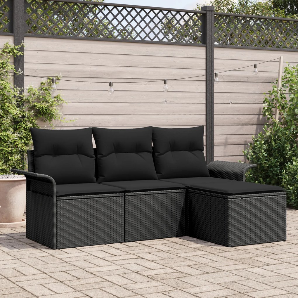Conjunto de Sofás de Jardim vidaXL 4 Peças com Almofadas Preto Vime Poliéster