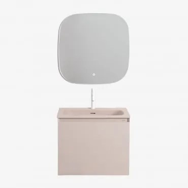 Conjunto De Móvel De Casa De Banho Suspenso Em Madeira Com Lavatório Integrado Macrae Crema Linho & Quadrado Led E Anti-embaciamento 75x75 Cm - Sklum