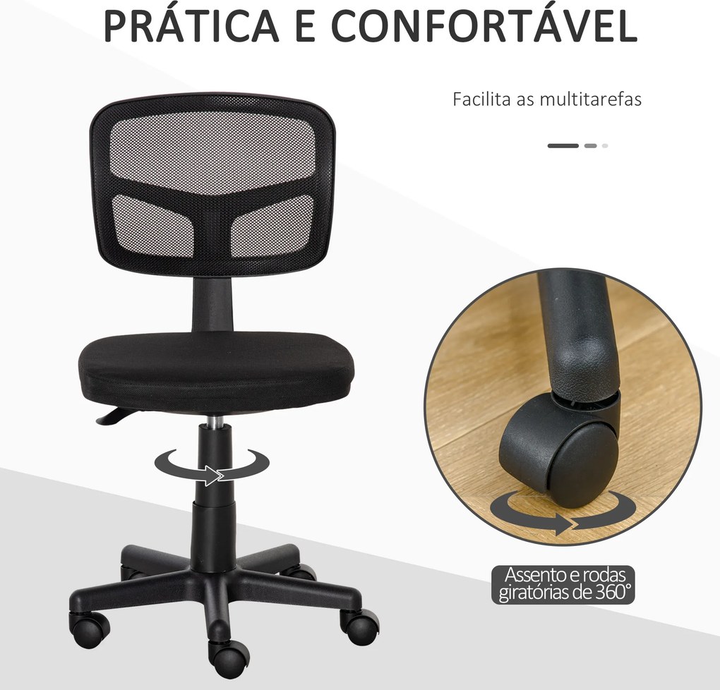 Cadeira de Escritório Operativa Giratória 360° com Altura Ajustável Suporte Lombar 43x48x77,5-89,5cm Preto