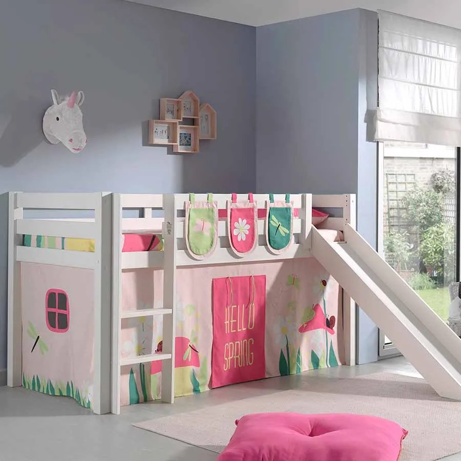 Conjunto Cama alta de Criança PINO 90 x 200 cm + estrado + escada + escorrega + cortina + 3 bolsas Primavera branca