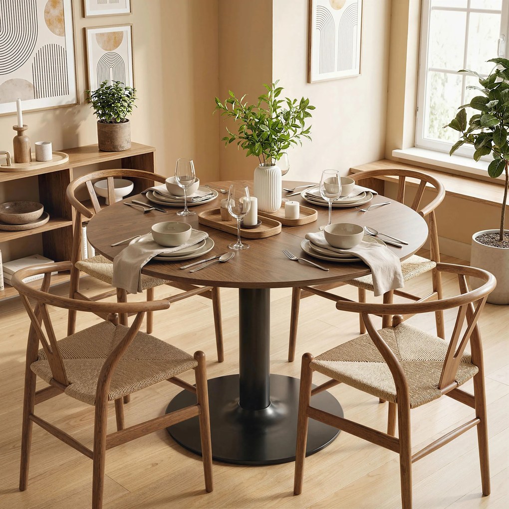 Mesa de Jantar Redonda, 110 x 110 x 78 cm (CADEIRAS NÃO INCLUIDAS) , Base Central em Aço, Castanho