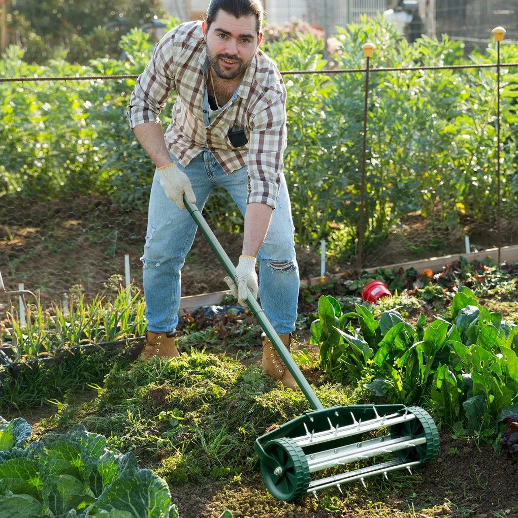 Rolo Jardim Aerador de relva de 46 cm Aeração com dentes rotativos Escudo protetor Aeração pesada do solo para jardim pátio
