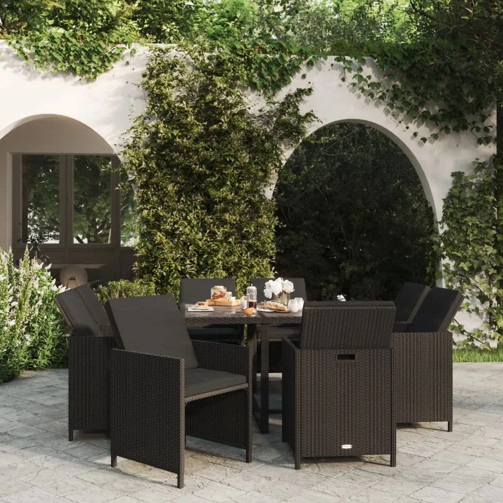 vidaXL 9 pcs conjunto de jantar p/ jardim c/ almofadões vime PE preto