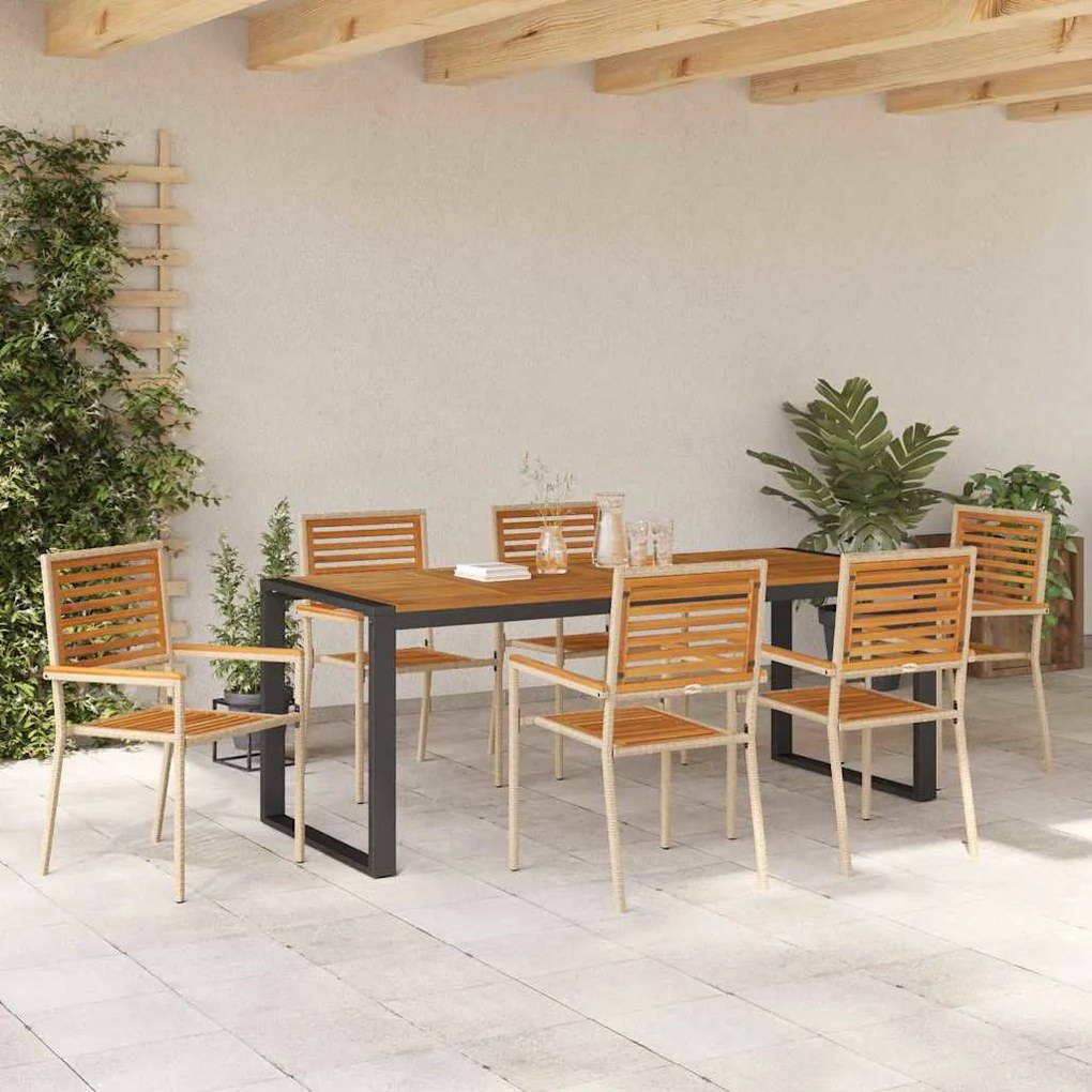 Conjunto de Jantar de Jardim de 7 Peças Bege em Rattan Poly e Acácia v