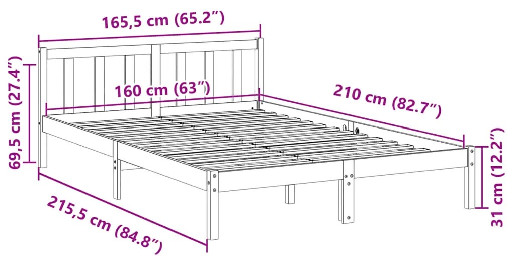 Cama extra longa sem colchão 160x210 cm madeira de pinho maciça