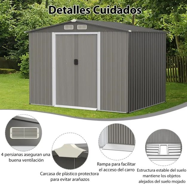 Abrigo de jardim Portas duplas e rampa para ferramentas 260 x 207 x 180 cm Cinzento escuro